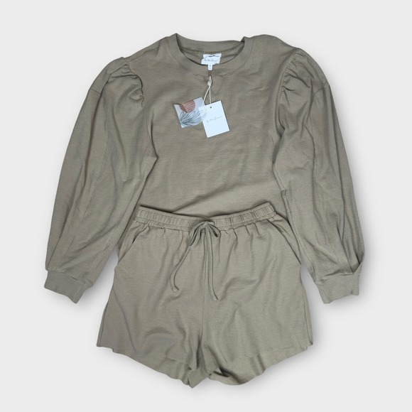 By The River Other - By The River Sweatshirt and Shorts Set Womens S Taupe NEW Puff Sleeve Lounge Set